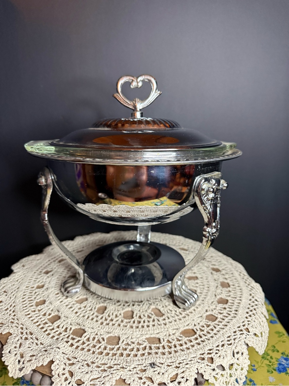 Anchor Hocking Silver-Tone Covered Serving Dish with Heart Handle